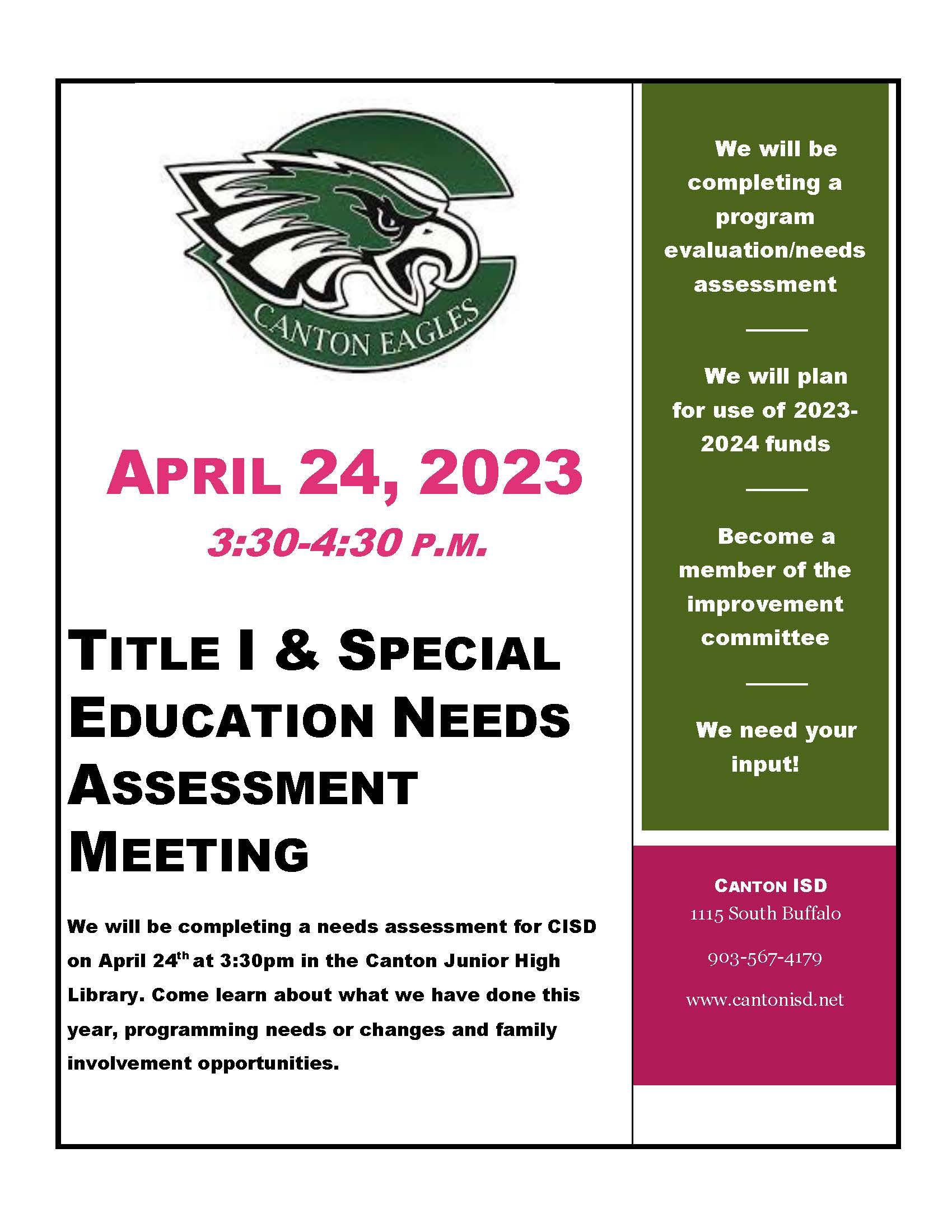 Title 1 & Special Education Needs Assessment Meeting
