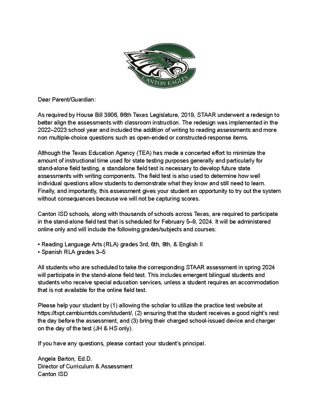Stand Alone Field Testing Letter for Parents
